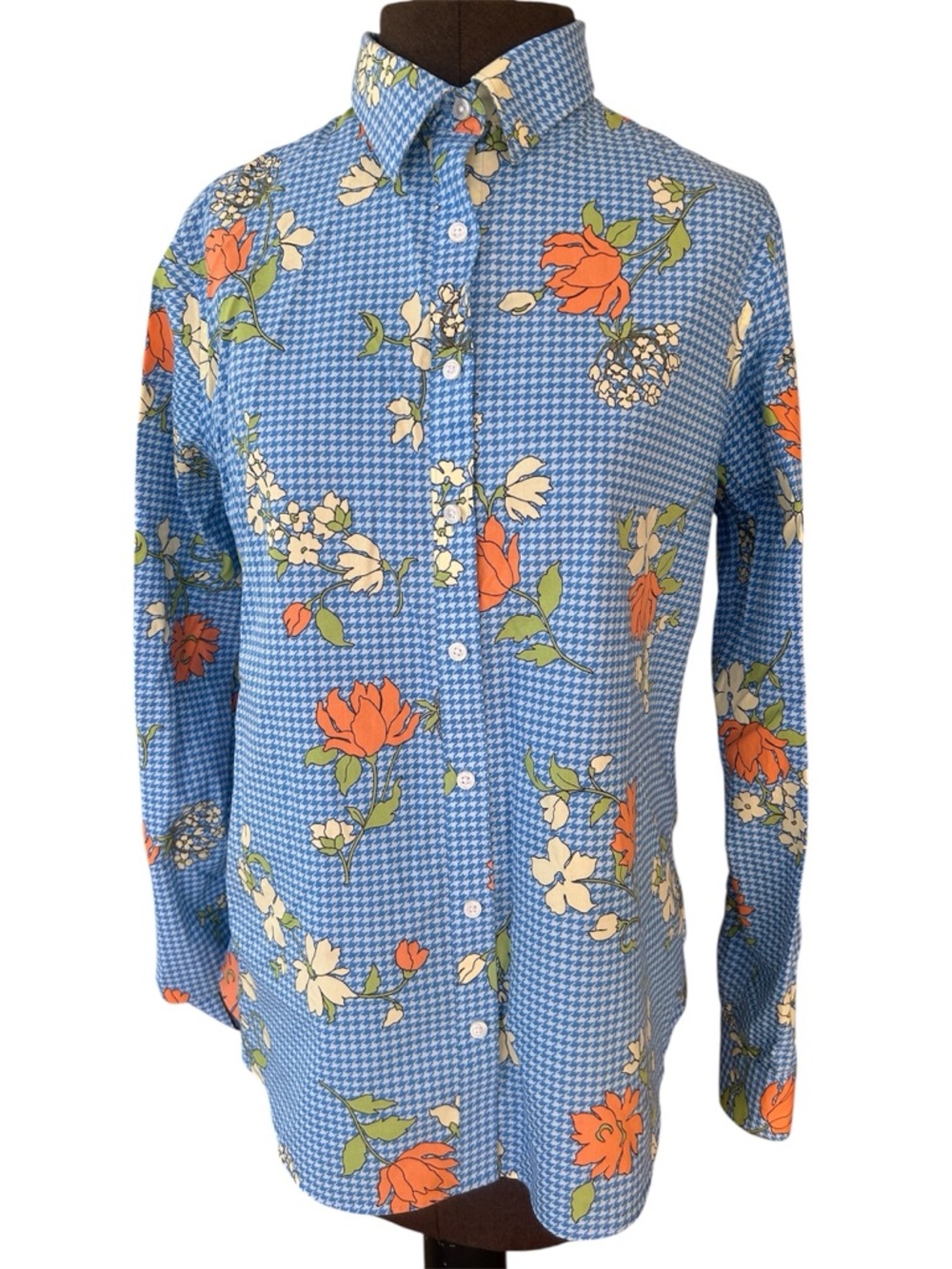 Lands' End Blue Floral Button-Down Shirt with Orange Accents